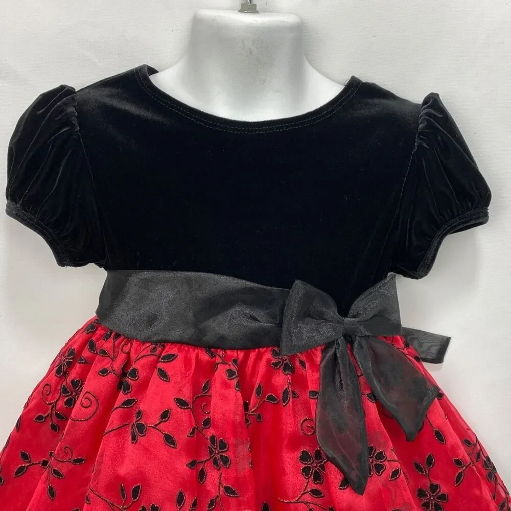 Rare Editions Girls Dress 3T Red Flocked Skirt Black Velvet Top Crinoline Bow